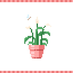 Fototapeta premium 8 bit pixel art lily flower. Retro 90s game icon of peace lily flower in a pot. Vector modern home flower in flowerpot for game, sticker and print. 