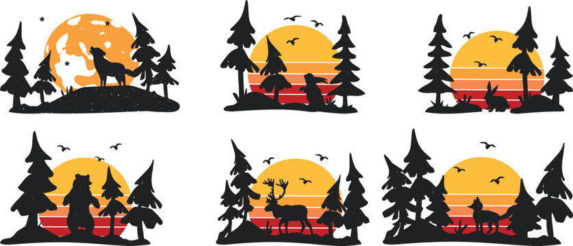 forest landscape, wild animals and orange sun vector silhouette logo. sunset in the forest and animals vector silhouette