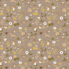 seamless vector pattern with a cute small pattern of forest flowers, snails, butterflies, berries and mushrooms