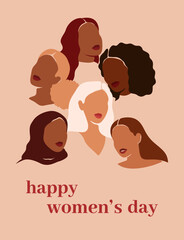 Women's day card with six women of different ethnicities and cultures stand side by side together. Silhouettes of Strong and brave girls. Sisterhood and females friendship.Vertical Vector illustration