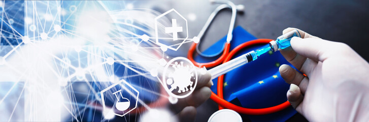 Abstract medical theme background. Health care concept. EU flag and stethoscope on a gray background.