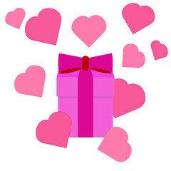 Vector image for postcard, valentines day, wedding. Gift box, gift and hearts around on a white background. Graphic design.