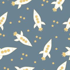 Seamless pattern rocket in the sky with stars hand drawing