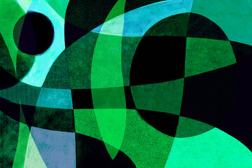 二つの歪んだ円のある緑のバリエーションの曲線分割のコラージュ風色面構成