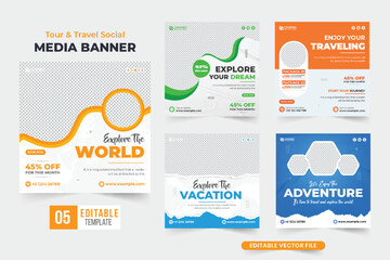 Tour and travel social media post set vector with yellow and blue colors. Travel agency promotion poster collection with abstract shapes. Vacation management agency web banner bundle design.