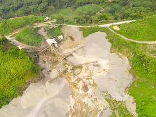 Abstract Defocused Blurred Background Aerial view of sand and stone mining in Cikancung area -...