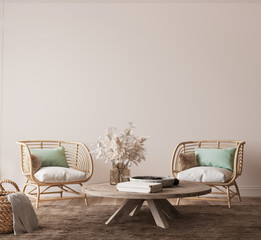 Scandinavian living room mockup with beige walls and natural wood accents, rattan furniture with white armchair and mint green pillows, 3d render 