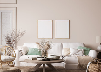 Poster frame mockup in Scandinavian living room design with beige walls and natural wood accents, simple furniture with white sofa and mint green pillows, 3d render 