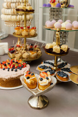Table with cakes, sweets, candy, buffet. Dessert table for a party goodies for the wedding banquet area. Close up candy bar. Decorated delicious.