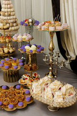 Table with cakes, sweets, candy, buffet. Dessert table for a party goodies for the wedding banquet area. Close up candy bar. Decorated delicious.