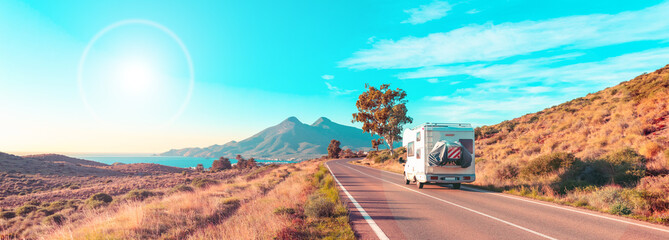 Motor home,  on the road in Andalusia- travel,  adventure,  road trip concept