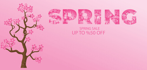 Spring sale banner with pink flowers.
