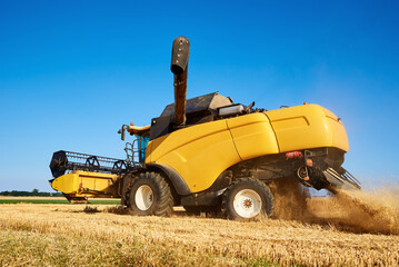 Combine harvester harvesting golden wheat field, harvester working in an agricultural field, harvest season
