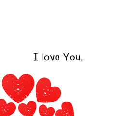 Valentine card with red hearts and hand written fonts on white background vector illustration.