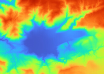 Obraz na płótnie Canvas Concept de fond - Erosion - Vue aérienne de paysage vallonné territoire montagneux - Rendu modèle numérique de terrain avec colorisation hypsométrique