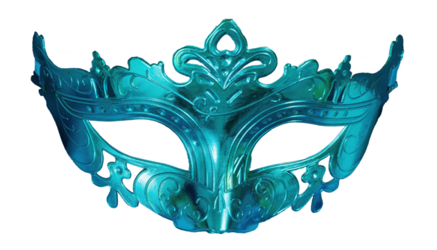 Purim celebration concept (jewish carnival holiday), mask, gifts, Biblical manuscript, over blue background. Top view, Flat lay