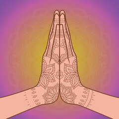 Mudra Namaste. Ornate hands folded in a welcome gesture. Mehendi - henna ornament on body. Vector illustration