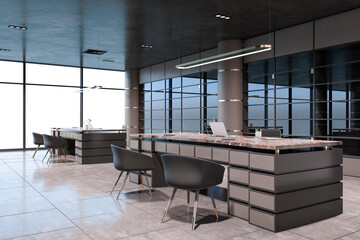 Perspective view on modern interior design huge work tables with customer chairs in spacious office with dark ceiling, city view from panoramic window and mirror walls background. 3D rendering