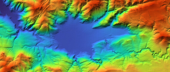 Fototapeta na wymiar Concept de fond - Erosion - Vue aérienne de paysage vallonné territoire montagneux - Rendu 3d modèle numérique de terrain avec colorisation hypsométrique
