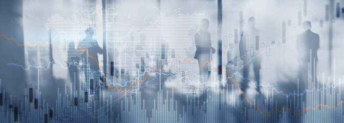 Silhouettes of people on the background of financial graphs and charts