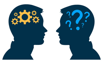 
Cutouts of human heads with question marks and cog wheels
