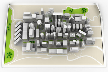Illustrazione 3D. Mappa stradale. Città, grattacieli e case posizionati sulla mappa..