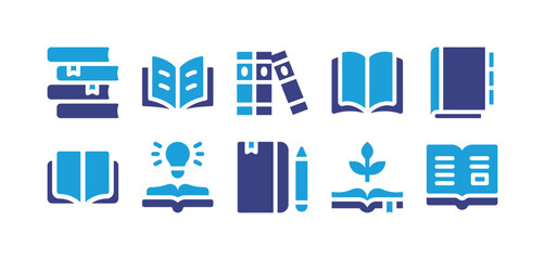 Book icon set. Duotone color. Vector illustration. Containing book, open book, appointment book, travel journal, botany.