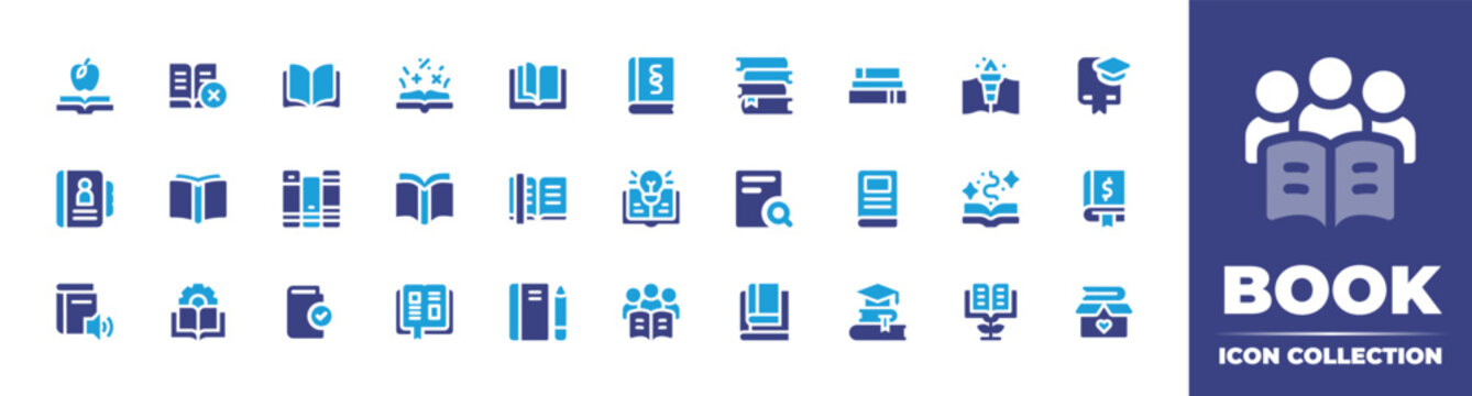 Book icon collection. Duotone color. Vector illustration. Containing open book, no education, maths, law, books, book, graduation, phone list, bookstore, bookmark, knowledge, research, and more.