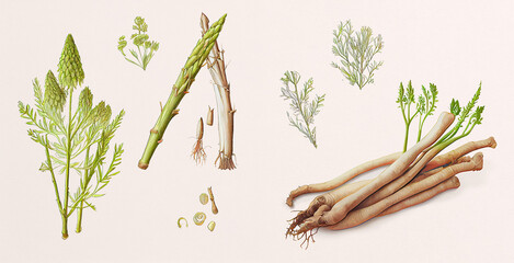 Satavari (Asparagus Racemosus). Botanical illustration on white paper. The best medicinal plants, their effects and contraindications. Natural medicine. Plant properties - obrazy, fototapety, plakaty