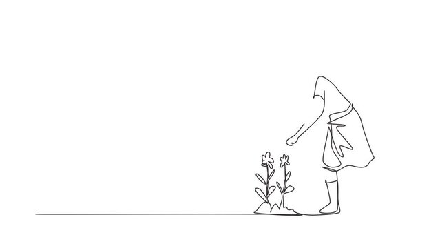 Animated self drawing of continuous line draw volunteer watering plant with watering can, volunteering, charity, supporting people. Botanical garden, planting flowers. Full length one line animation