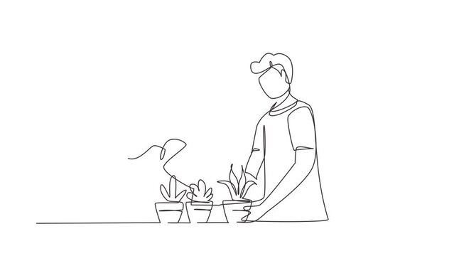 Animated self drawing of continuous line draw man woman spraying water flowers with watering can. Couple take care of home plants, flowers in pots enjoying gardening. Full length single line animation