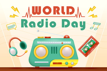 Obraz premium World Radio Day. 3d illustration of radio, headset and cassette