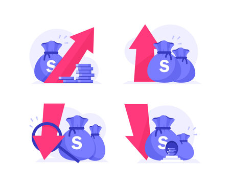 Money revenue profit icon concept,capital boost or funds down,budget cash loss bankruptcy and reduction cost as financial economic crisis or stock market fall