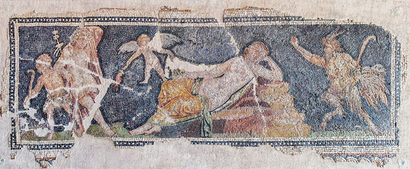 Roman mosaic with mythological scene. Pan, cupids and sleenig nymph. Izmir, Turkey (Turkiye). Ancient art and history concept