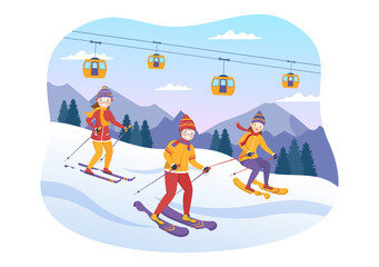 Ski Illustration with Skiers Sliding Near Mountain Going Downhill in Skiing Resort in Flat Winter Sport Activities Cartoon Hand Drawn Templates