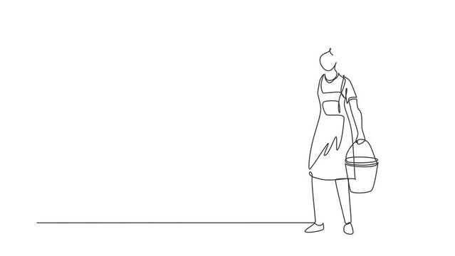 Animated self drawing of continuous line draw woman mopping floor, female cleaner janitor, bucket, cleaning service. Housework service or housekeeping workers. Full length single line animation