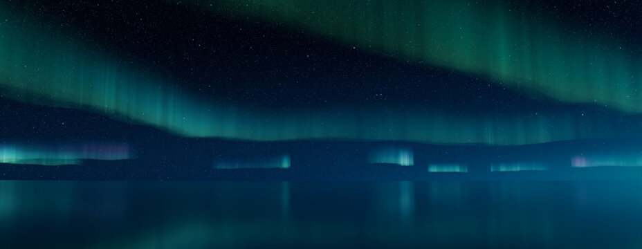 Aurora Borealis reflected in Water. Blue Northern Lights Banner with copy-space.