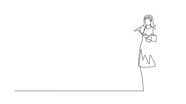 Animated self drawing of continuous line draw woman worker posing, holding cleaning tool. Cleaning service with pose. People enjoying working in cleaning services. Full length single line animation