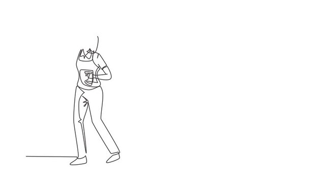 Animated self drawing of continuous line draw female busy janitor wiping indoors, office cleaning, window, floor washing, young, wearing overall, protective gloves. Full length one line animation