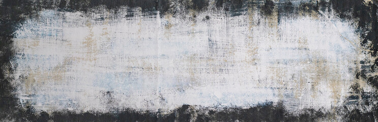 Grey grunge textured background with black border. Dirty grunge with copy space. Artistic background. Narrow and long picture. Artistic acrylic painting