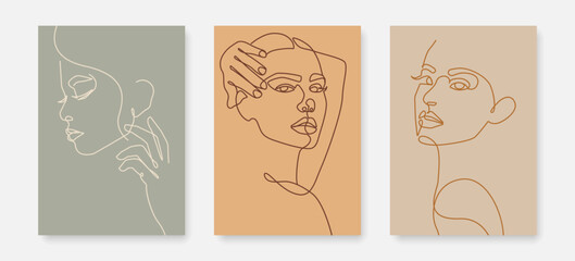 Abstract Line Art Creative Wall Art Set with Woman Face. Female Artistic Backgrounds One Line Trendy Style for Wall Decor, Postcards or Covers, Prints, Posters. Vector Illustration.