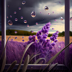 Lavanda flowering behind window, created with Generative AI technology.