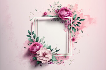 Valentine's Day Frame Decorated with Pink Watercolor Flowers. Beautiful Rectangle Illustration with copy-space.