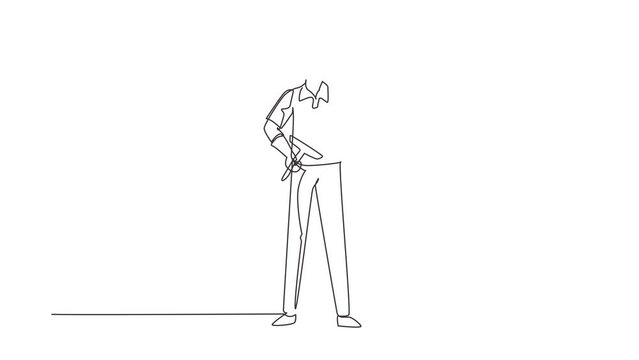 Self drawing animation of single line draw cleaning service with pose. Cleaning worker posing, enjoying working. Smiling male cleaning company staff member. Continuous line draw. Full length animated