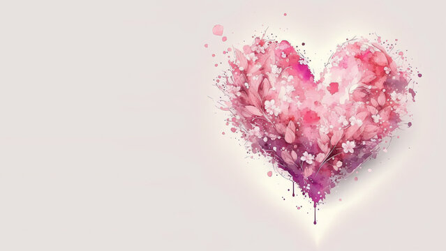 Delightful Mother's Day Background with Pink Love Heart. Watercolor Flowers Illustration with copy-space.