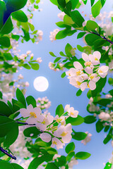 spring tree,spring background with flowers,blossom in spring,landscape with moon,moon and tree