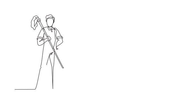 Animated self drawing of continuous line draw male cleaning staff is holding mop in gloves on white background. Concept of people like working in cleaning service. Full length single line animation
