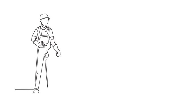 Animated self drawing of continuous line draw young male janitor standing in uniform, sweeping the floor with broom, professional cleaning, home and office service. Full length single line animation
