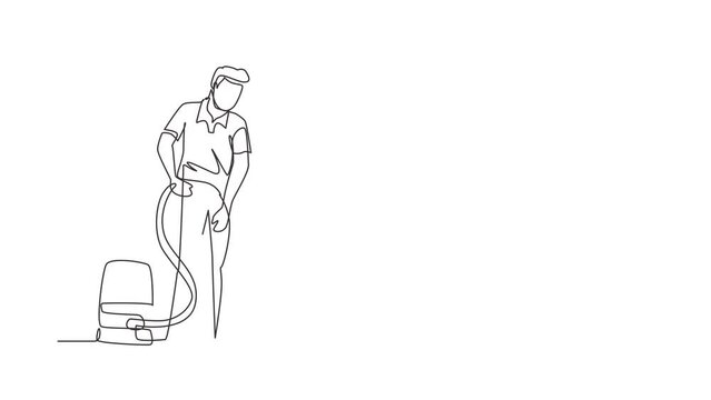 Self drawing animation of single line draw male busy janitor vacuum cleaning indoors, floor office cleaning,, happy, wearing uniform, protective gloves. Continuous line draw. Full length animated