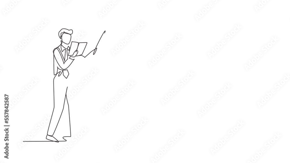 Poster self drawing animation of single line draw man teacher standing with open book, pointer in front of 